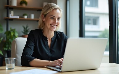 Middle age European business woman CEO using laptop application for work at table workspace in office. Smiling Latin Hispanic mature adult professional businesswoman using pc digital computer. Banner