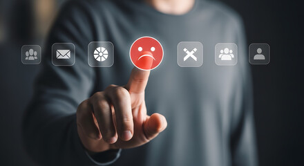 User providing negative feedback by pressing a sad face icon on a virtual screen display