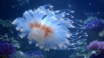 Close-up of a bioluminescent jellyfish with flowing tentacles in the deep blue ocean, surrounded by coral reefs.