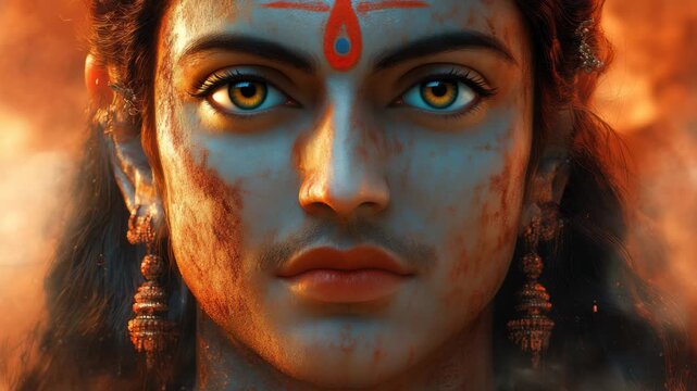 Devotional portrayal of a serene deity in vibrant colors reflecting a spiritual essence during a transcendent moment