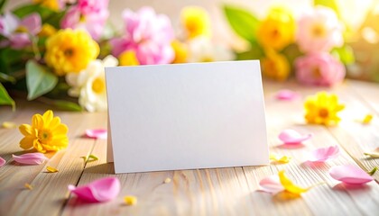 Vibrant spring flowers beautifully frame a blank white greeting card, offering a perfect canvas for heartfelt messages, celebration notes, or special invitations