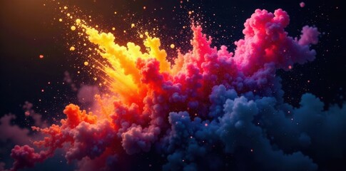 Exploding color explodes against stark black, intense contrast , gradient, vivid, bright