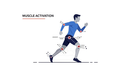 Running man illustration, highlighting muscle activation points with red dots and abstract indicators on a white background