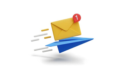 Yellow envelope with unread message notification badge flying on a fast moving paper airplane