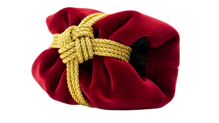 Elegant red velvet pouch tied with golden rope, isolated on white background, suitable for luxury gifts or cosmetics