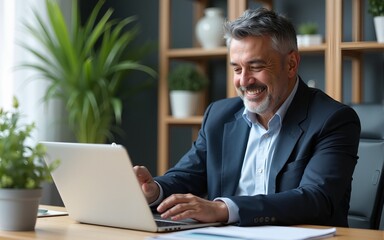 Middle aged Hispanic business manager ceo using cell phone mobile app, laptop. Smiling Latin or Indian mature man businessman holding smartphone sit in office working online on gadget with copy space