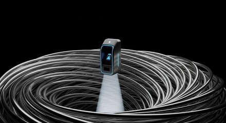 Futuristic digital device illuminates a large coil of metallic wiring against a stark black background