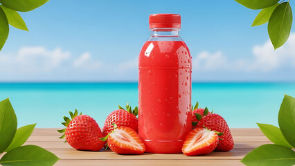 Fresh strawberry juice in a clear plastic bottle placed outdoors with a beach and bright blue sky background, refreshing summer drink concept