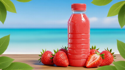 Fresh strawberry juice in a clear plastic bottle placed outdoors with a beach and bright blue sky background, refreshing summer drink concept