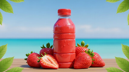 Fresh strawberry juice in a clear plastic bottle placed outdoors with a beach and bright blue sky background, refreshing summer drink concept