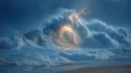 Dramatic Ocean Wave Crashing with Lightning Strike.