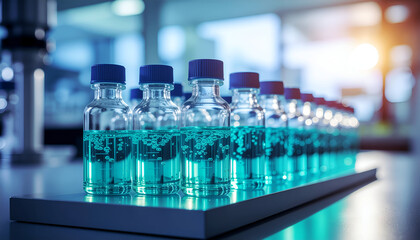 Row of transparent test tubes with turquoise liquid in a modern laboratory setting.