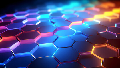 High-tech abstract background with colorful hexagon structures and futuristic digital atmosphere.
