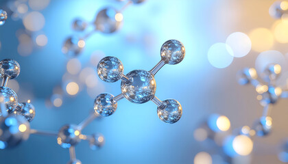 Abstract medical molecule structure with reflective silver atoms and shallow depth of field.
