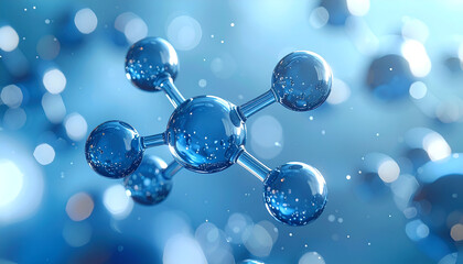 3D metallic molecule model with connected spheres on a soft blue futuristic science background.