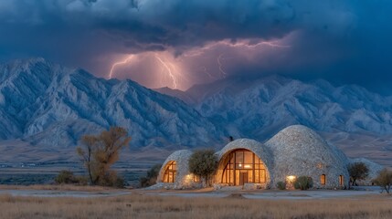 Dome house in the desert with lightning storm over mountains.