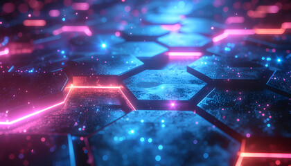 Futuristic hexagonal technology background with glowing blue and pink neon lights and digital particle effects.