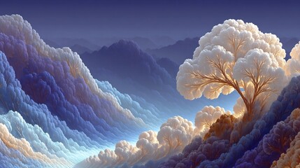 Dreamlike Mountain Landscape with a Solitary Tree.
