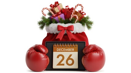 Boxing Day Sale Concept with Boxing Gloves, Santa Bag, Gifts and December 26 Calendar
