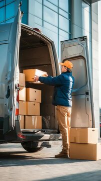 Courier in uniform loads cardboard boxes into delivery van outside modern office building. Efficient package handling, fast shipping services are essential for e commerce, logistics businesses