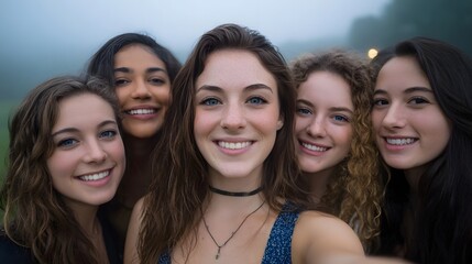 Obraz premium Group of five young women taking a happy selfie outdoors in the fog
