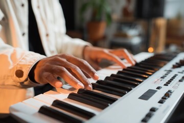 Asian male producer creates music by arranging song midi using a keyboard in a home studio during the evening hours