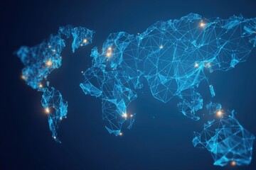 Explore the global connection of blockchain technology represented in a digital polygon world map showcasing peer interactions across continents