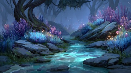 Enchanted Forest Stream with Bioluminescent Flora.