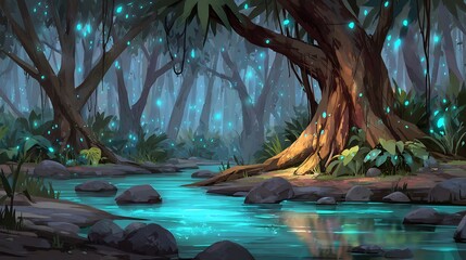 Enchanted Forest Stream with Bioluminescent Flora.