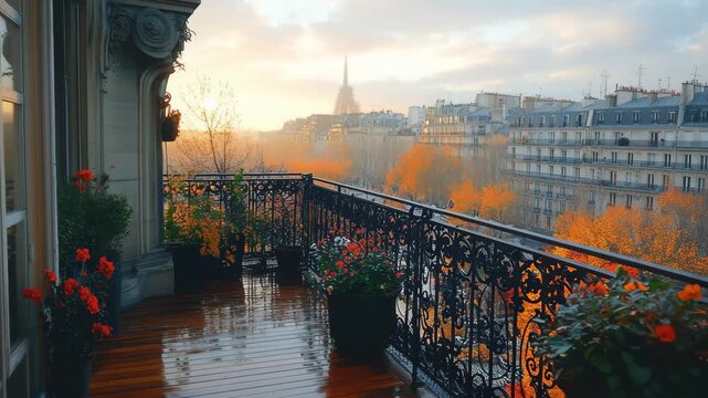 Beautiful balcony view of Paris autumn with colorful trees and Eiffel Tower in the distance during a rainy evening