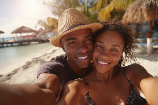 Couple enjoys a sunny beach day smiling and taking a selfie to capture their joyful moment together by the water during the afternoon - Powered by Adobe