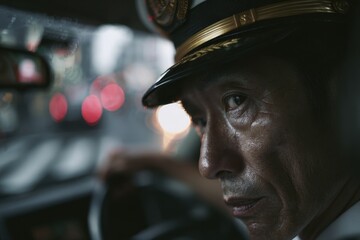 Night driving in the city with a focused taxi driver navigating through the bustling streets under rainy weather conditions