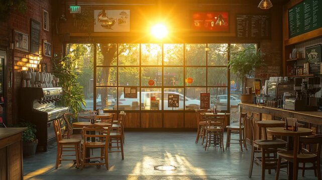 Warm sunlight fills a cozy cafe interior during the early morning hours with empty tables ready for customers