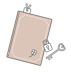 鍵付きノートと鍵のラインアイコン：日記・手帳のミニマルな俯瞰（くすみカラー）