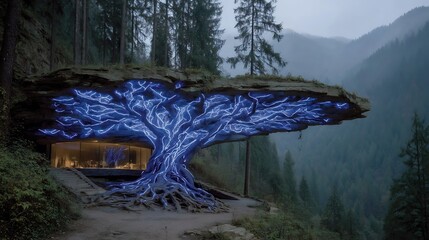 Enchanting Bioluminescent Tree Structure Integrated into a Rocky Cliffside.