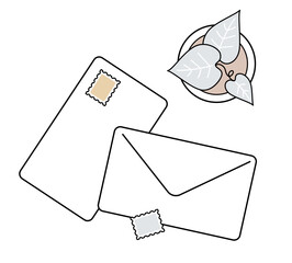 手紙と封筒、スタンプのラインアイコン：文通・メッセージ（くすみカラー）