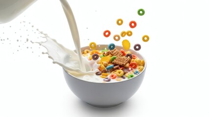 Pouring milk onto a colorful bowl of breakfast cereal with fruit pieces in mid air