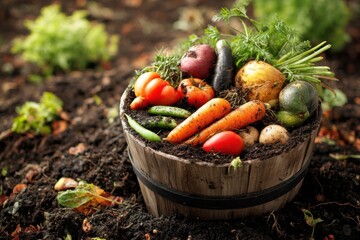 Visual guide to ecofriendly composting with fresh vegetables in a wooden barrel surrounded by rich soil and garden plants