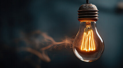 Vintage edison light bulb emitting warm light and smoke