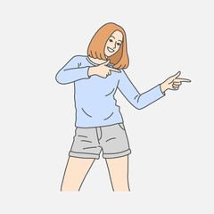 Cartoon illustration of a smiling young woman pointing to the right confidently, conveying directions and invitations