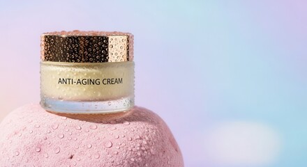 Cosmetic jar of anti-aging skin care product rests upon a textured surface with water droplets