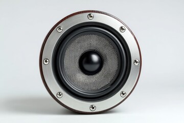 Speaker designed for clear sound quality placed on a white background with focused lighting for enhanced details and aesthetics