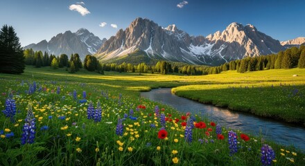 Majestic rugged peaks tower above a lush meadow crossed by a winding stream during daylight