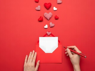Obraz premium Hands Writing Love Message on Blank Card in Red Envelope with Hearts, Valentine’s Day Concept.