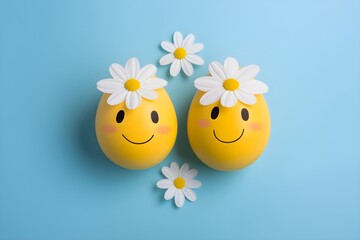 Two happy yellow smilies with white daisies on light blue background, representing positive emotions, joy, and emotional support, mental health concept.