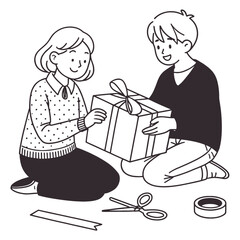 Couple wrapping a present together, illustration for gift giving and celebration