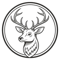 Fototapeta premium Stag head in circle emblem vintage engraving style black and white