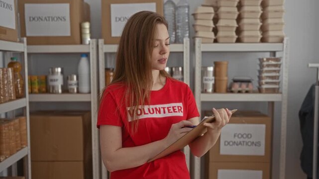 Volunteer checks clipboard while sorting donations in building; compassion community support service.