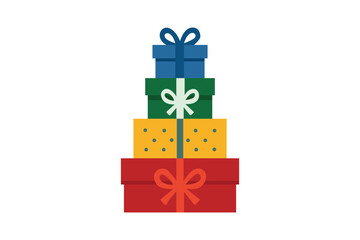 Flat design illustration of stacked colorful christmas gift boxes with ribbons and bows.