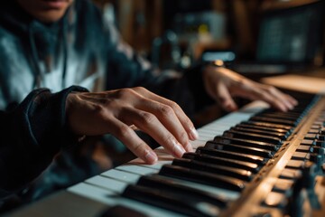 Asian male producer arranging song midi in home studio during evening hours for musical project creation and sound mixing
